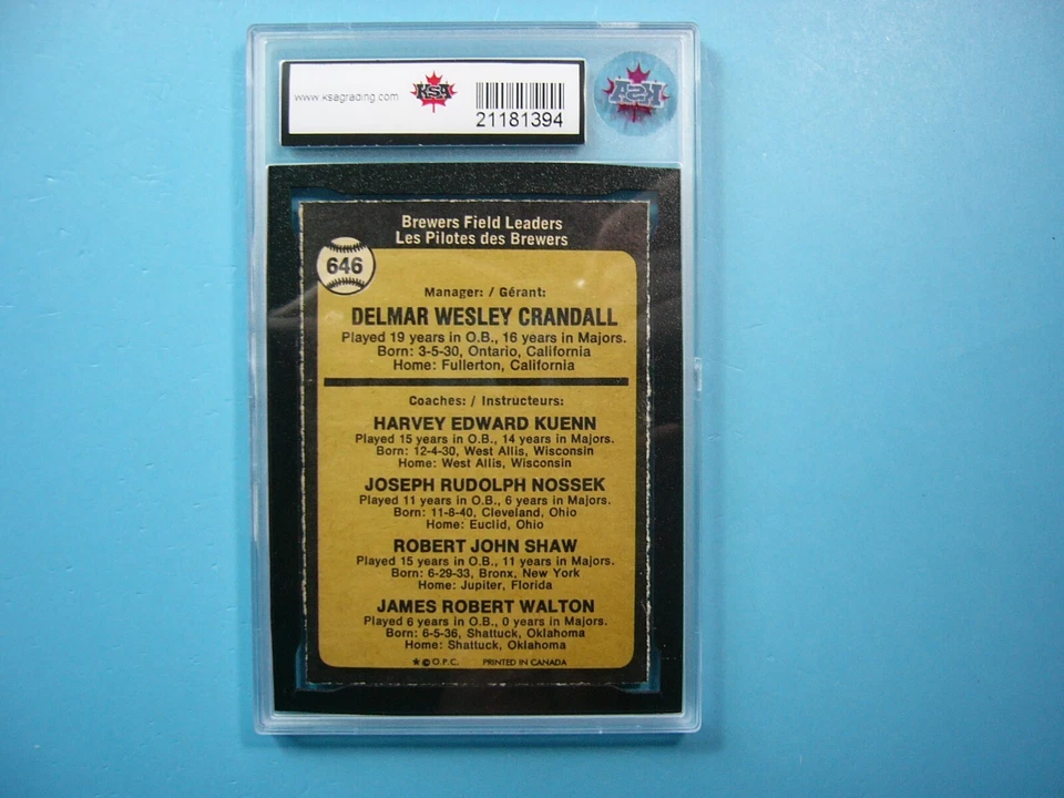 1973 O-PEE-CHEE MLB BASEBALL CARD #646 DEL CRANDALL KSA 10 GEM MINT 73 OPC - Image 2 of 3