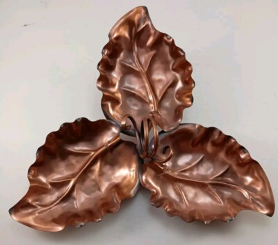 MCM Gregorian Solid Copper 3 Leaf Leaves Serving Tray Dish Decor Hammered USA