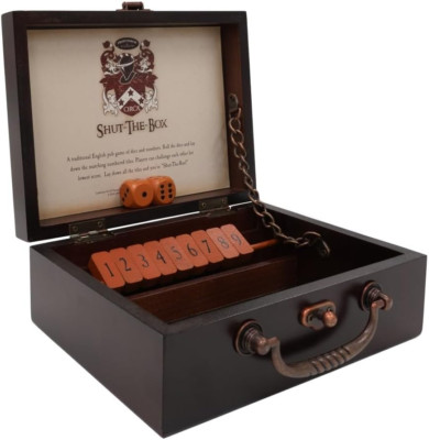 Circa Shut-The-Box, Wooden 9 Number Dice Game with Case Fo