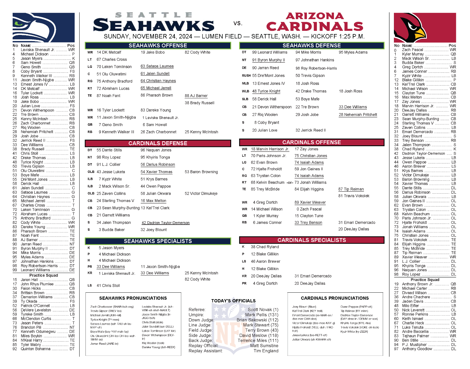 Arizona Cardinals vs Seattle Seahawks - Game Flipcard Nov 24, 2024 NFL program