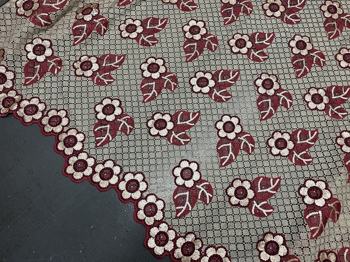 Yard Gold Red Sequins Embroidery Lace Fabric 50” Width