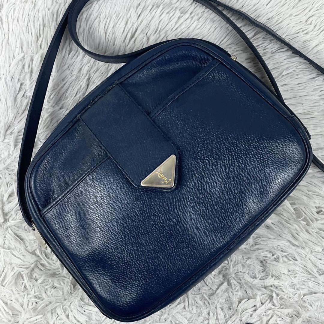 Borsa a tracolla Yves Saint Laurent logo YSL pelle blu navy usata delicatamente originale JPN.