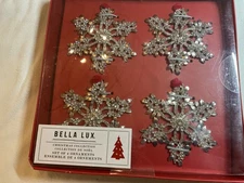 Bella Lux Crystal Silver Tone Christmas Snowflake Ornaments (4)  NIB