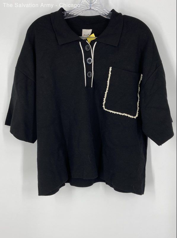 Maeve Womens Black Embellished Pocket Short Sleeve Polo Shirt Size Large