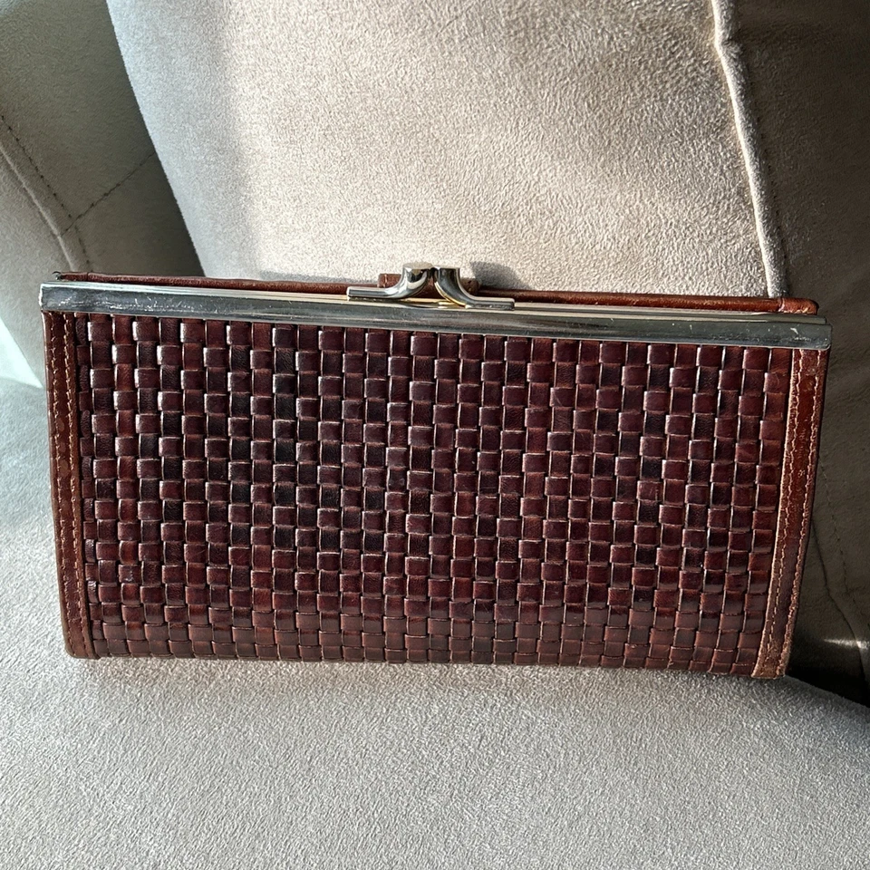 Cartera Bally Mujer Grande Tejida Cuero Marrón Grande Bloqueo de Beso Italia De Colección Años 90 Foto 2 de 4