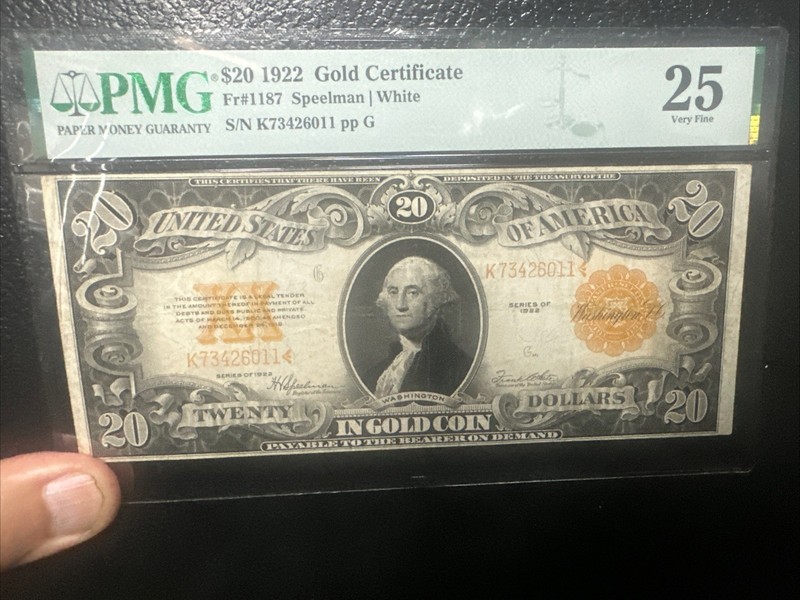 1922 $20 Twenty Dollars Gold Certificate Gold Seal, Fr.1187 PMG VF 25 - RARE !