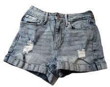 Levi  s Denizen Distressed Denim Blue Jeans Button Zip Mom Shorts Size 0-W24