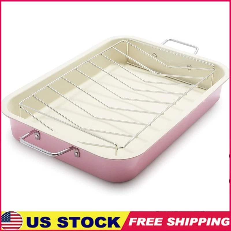 Ceramic Nonstick Roasting Pan W/ Stainless Steel Handles & Rack Oven Safe New