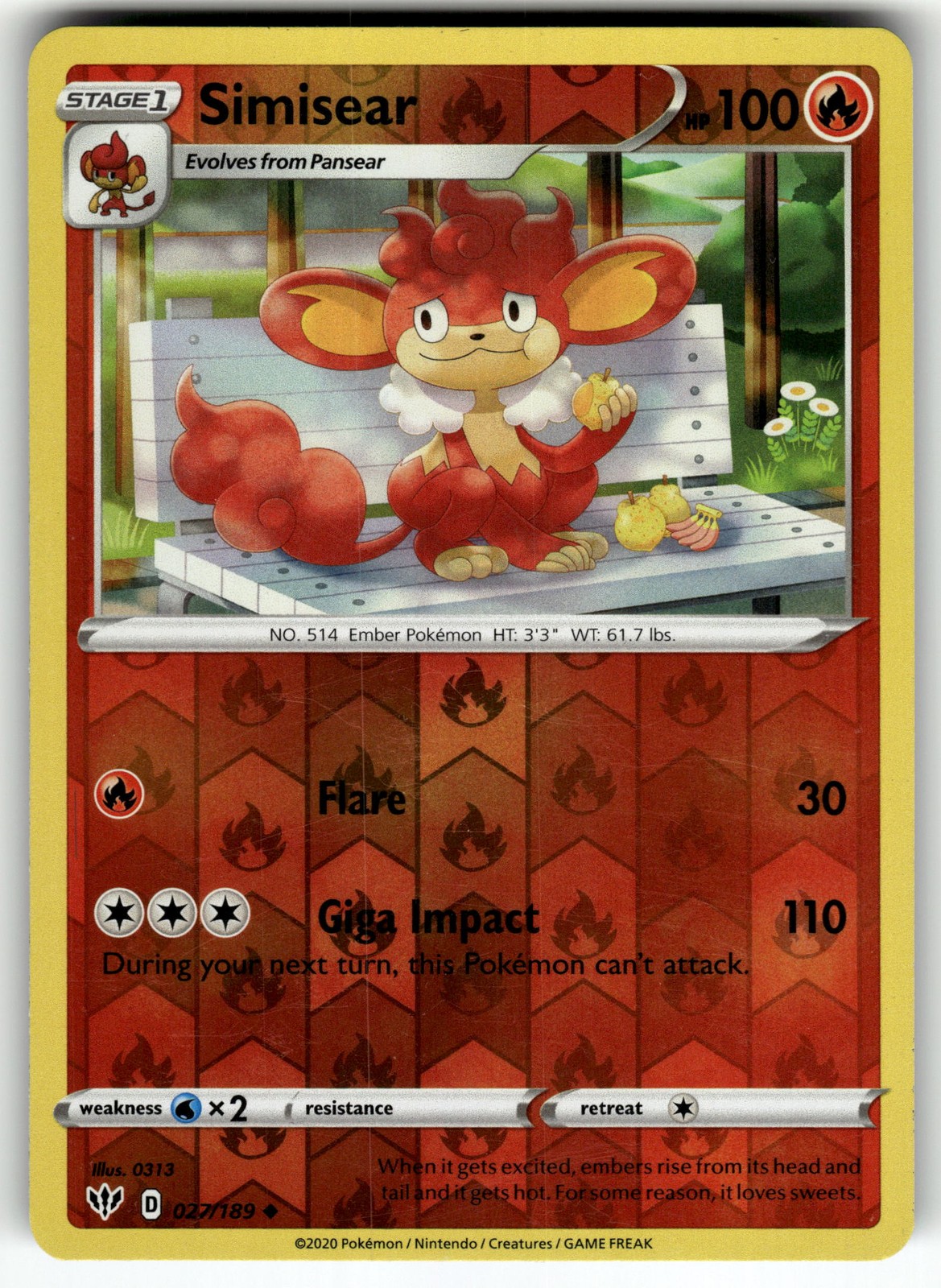 Simisear 027/189 SWSH03: Darkness Ablaze LP Pokemon Card TCG