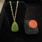 2 Piece Vintage Bakelite Jewelry Lot Green Pendant & Orange Disc Ring