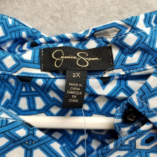 Jessica Simpson Blouse Women's 2X Crop Button Cut Out Back Blue Geo NWT - Picture 3 of 11