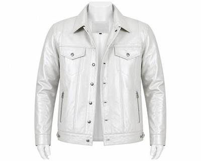 Men s White Leather Shirt Jacket Real Cowhide Trucker Style Buttoned Coat