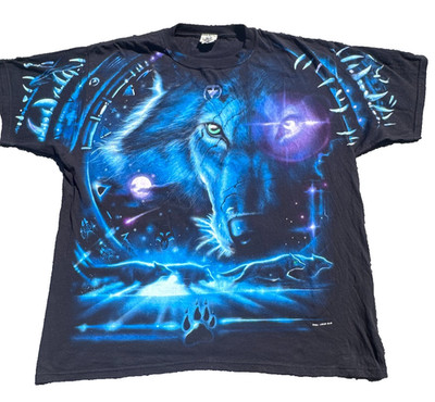 Vintage 2001 Liquid Blue Wolf Spirit T-Shirt 2XL All Over Print AOP Goth Tee 90s