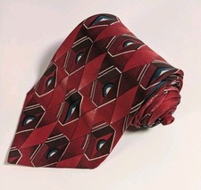90s Henry Grethel Silk Neck Tie 57" x 4" Red Geometric Print Vintage Made In USA
