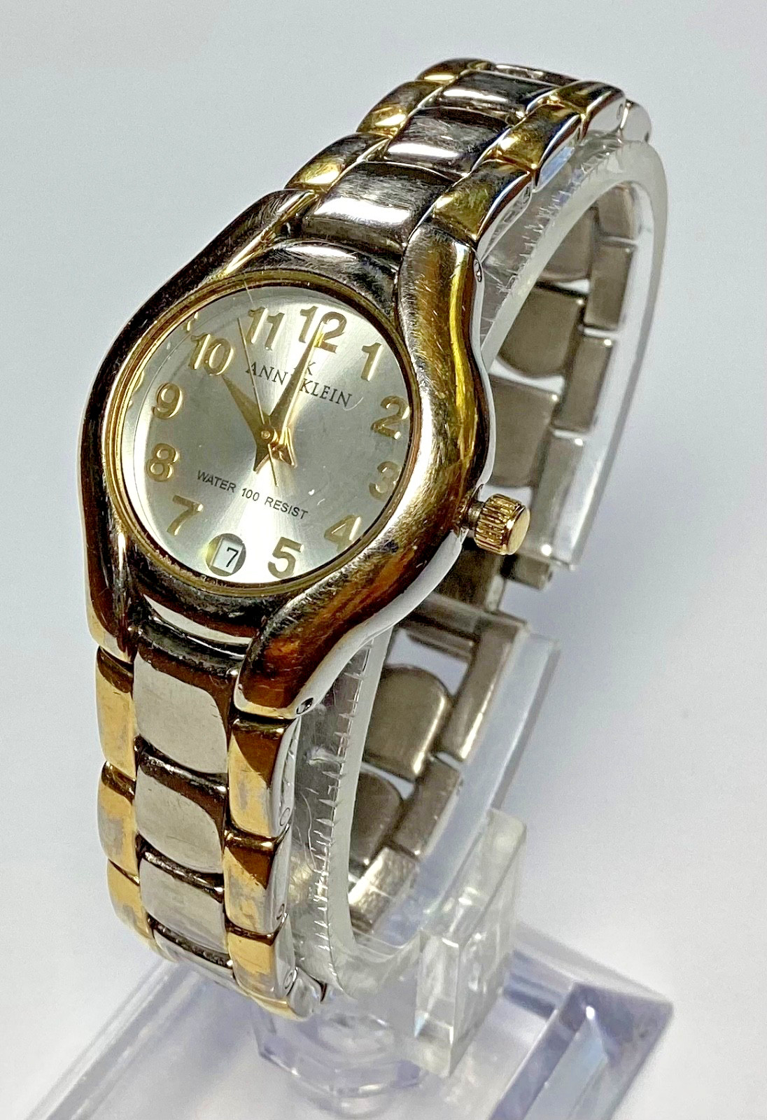 Anne Klein Watch Polished Silver Gold Bracelet WR 100 ft Date New Battery 6”