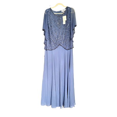 j kara beaded dress Women's Long Flare Flutter Sleeve Sequin Gown Dusty Blue 14W the beaded bodice with Sale visibility Women's light blue dress Size:2-4 year