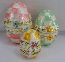 MacKenzie Childs Easter Floral Pastel Nesting Eggs 3 Set w/Wood Crate READ  