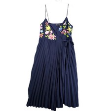 ASOS Design Navy Floral Embroidered Midi Wrap Dress 12 Tall Pleated Sleeveless