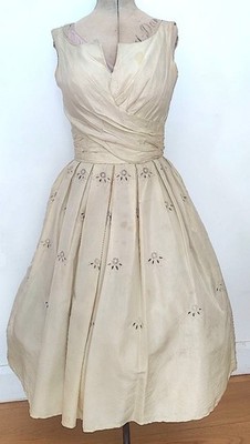50er Jahre Abend Abschlussball Cocktail Tee - Kleid Perlen Seide Taft Leinen UK6/8