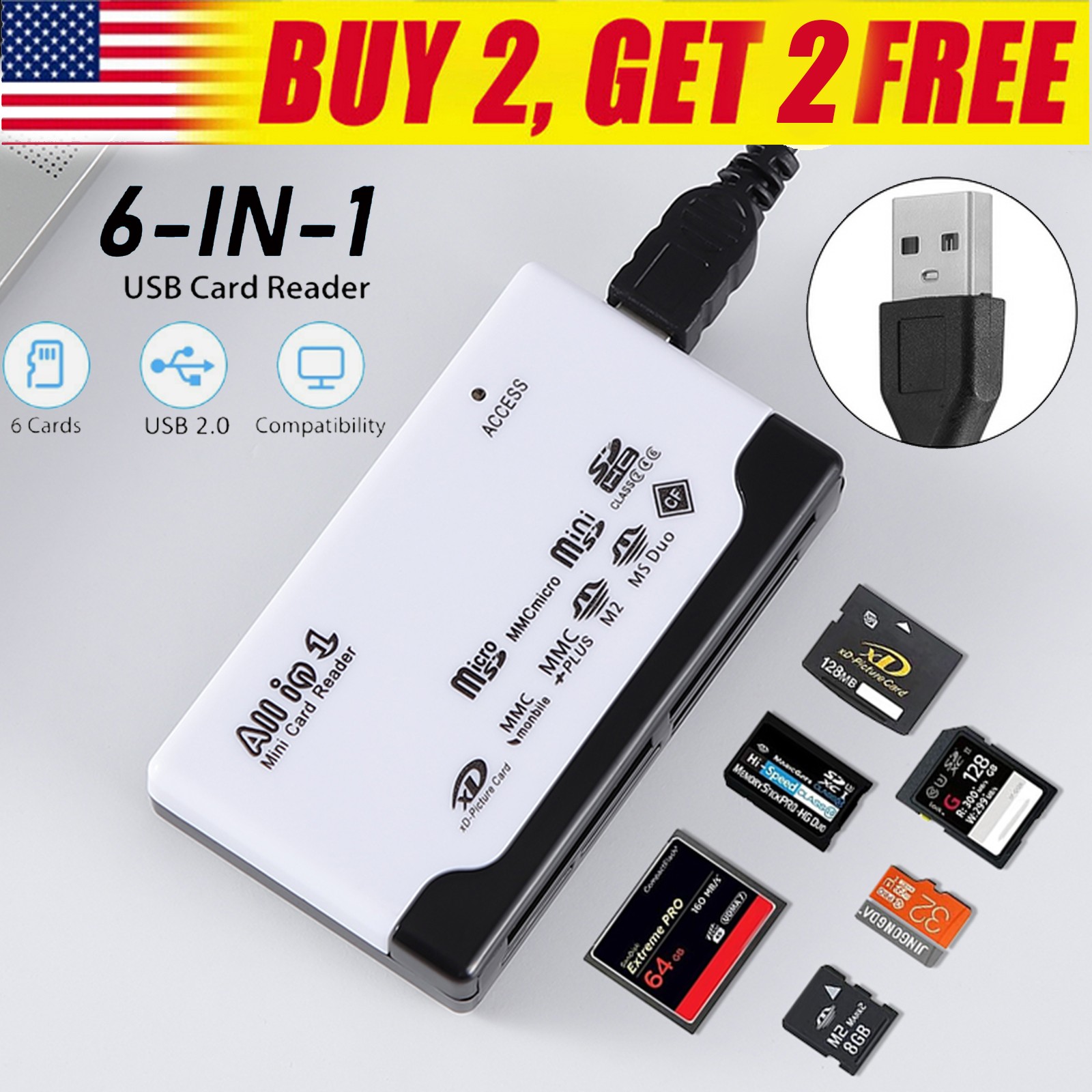Mini 6-IN-1 USB 2.0 Memory Card Reader White High Speed For CF xD SD MS SDHC