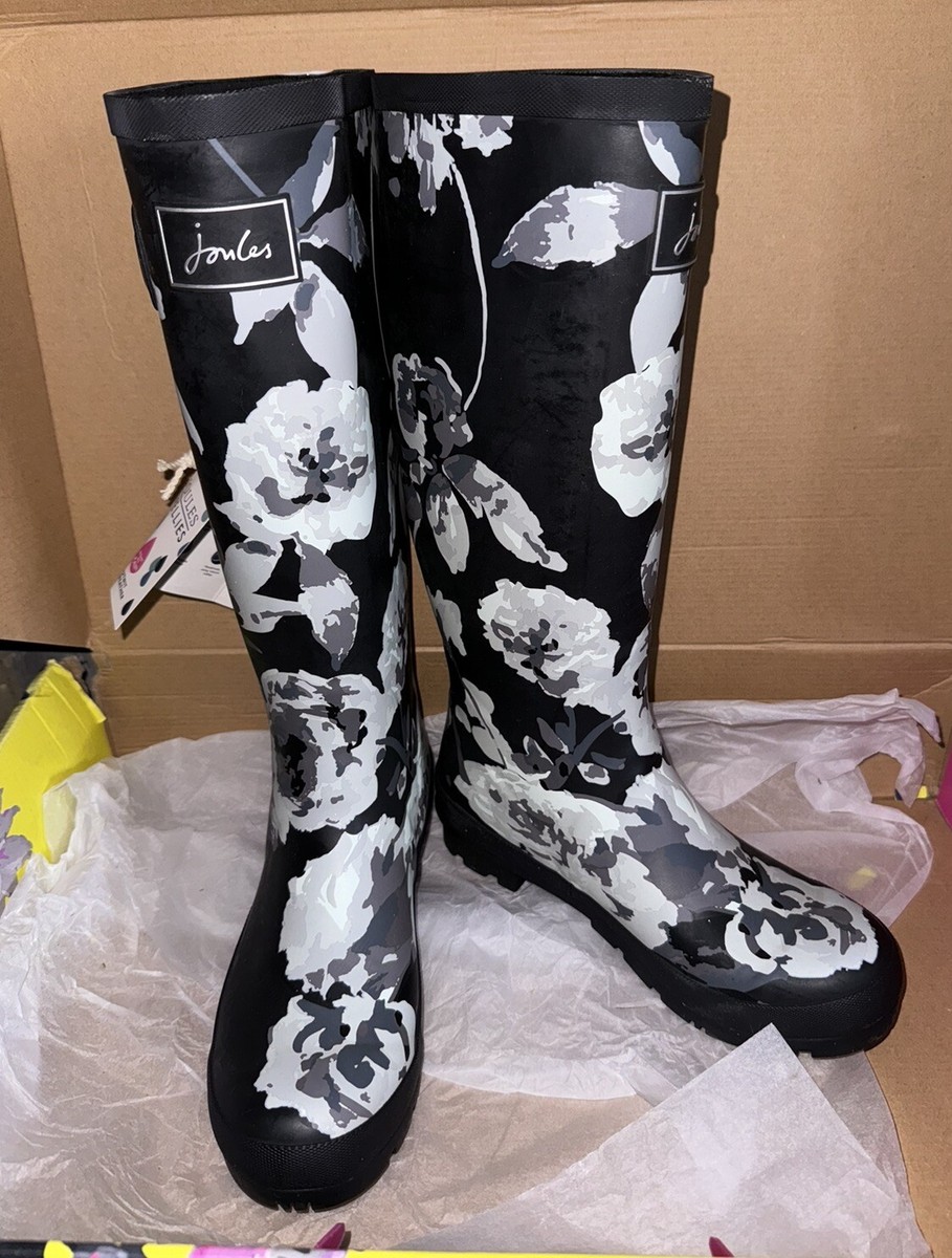 Joules Women Printed Wellies With back gusset Black Floral Blossom  Adult