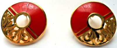 Edgar Berebi Earrings 1'' Red Gold Tone Round Pierced Womens  Enamel Cut Out 80s