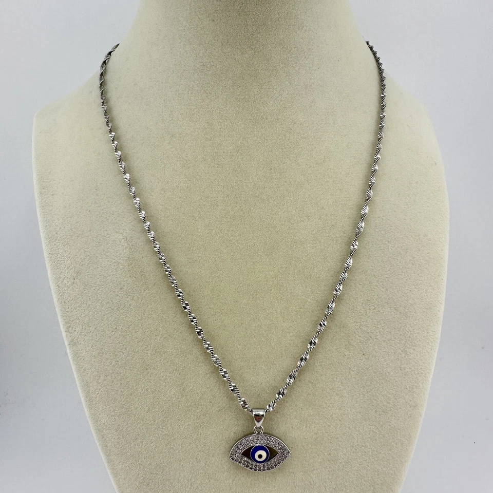 "Collar colgante 17"" 18K GP cadena espiga retorcida pavé de cristal mal de ojo" Foto 2 de 4