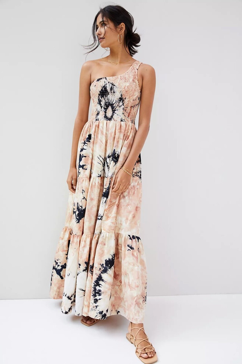 anthropologie tie dye maxi dress Anthropologie Smocked One-Shoulder Tie-Dye Maxi Dress Size XS $349