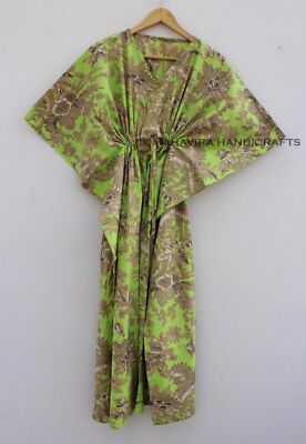 Cotton Loose Short Sleeves Floral Print Light Green Free Size Caftan Maxi Dress