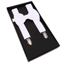 Men AB Elastic Band White Suspender With Maching Polyester Bowtie