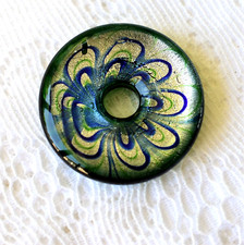 Clear Green Lampwork Glass Donut Pendant, Silver Foil with Blue, 42mm Handmade