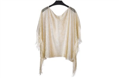 Beige Gold Metallic Poncho With Fringes Sparkling Over Shoulder Cape Top One SZ
