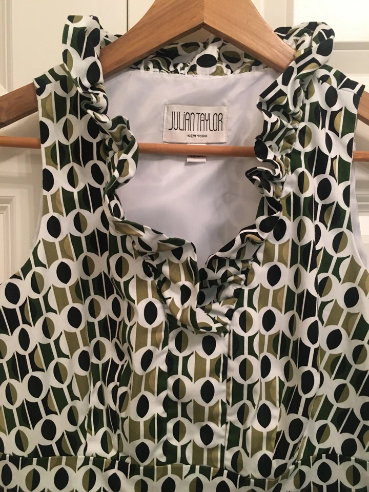 Vestido lápiz ajustado Julian Taylor cuello con volantes verde negro geométrico talla 6 ¡EXCELENTE ESTADO USADO! Foto 2 de 4