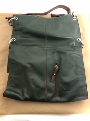 Vera Pelle Dark Green Leather Tote Shoulder Bag- Brown Strap