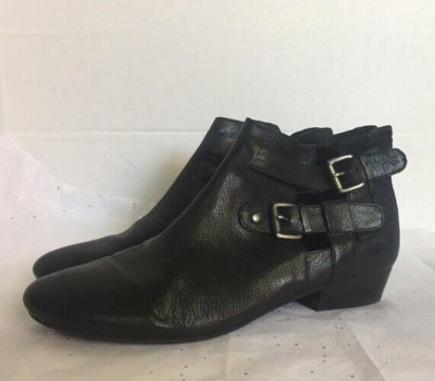 Nine West Bristan Black Leather Ankle Boot Buckles Size 9.5 Cut outs Back Zip