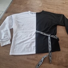 Women White Black Full Sleeves Top Round Neck Ladies Jumper Size L