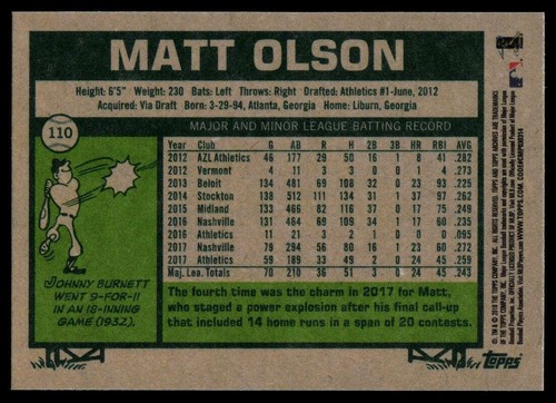2018 Topps Archives #110 Matt Olson Oakland Athletics - Picture 2 of 2