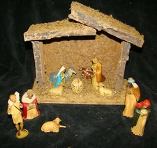 Vtg 1960s Hard Art Plastics Christmas Nativity Set Manger Creche Wooden 13pc