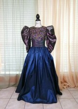 VICTOR COSTA TAFFETA Lace Beads Ball GOWN Maxi Dress Puff Sleeves Vintage Small