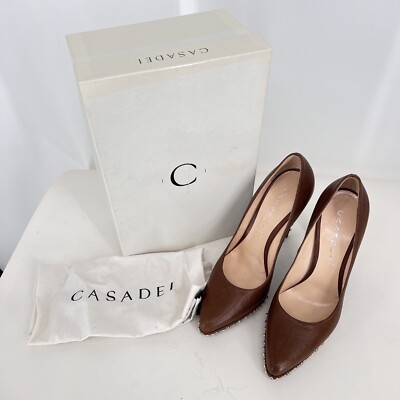 Casadei Studded Heel Brown Leather Pellame Orig Box Dust bag Size 8.5 38.5