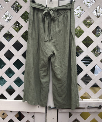 Anthropologie Potters Pot Womens L Pant Green Wide Leg Capri Pockets Elastic Wst