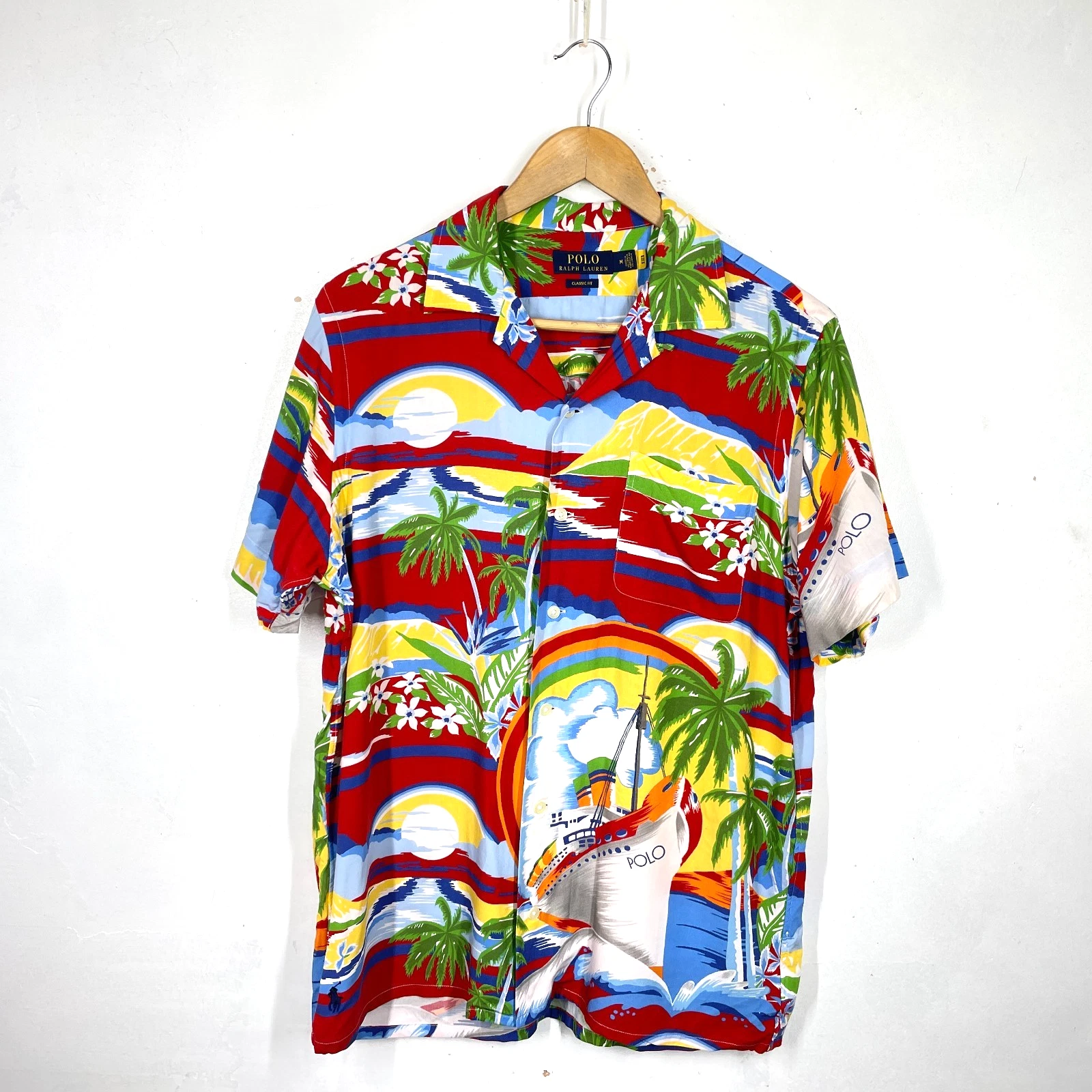 Polo Ralph Lauren Hawaiian Shirt Mens M Red Tropical Floral Holiday Camp Loop