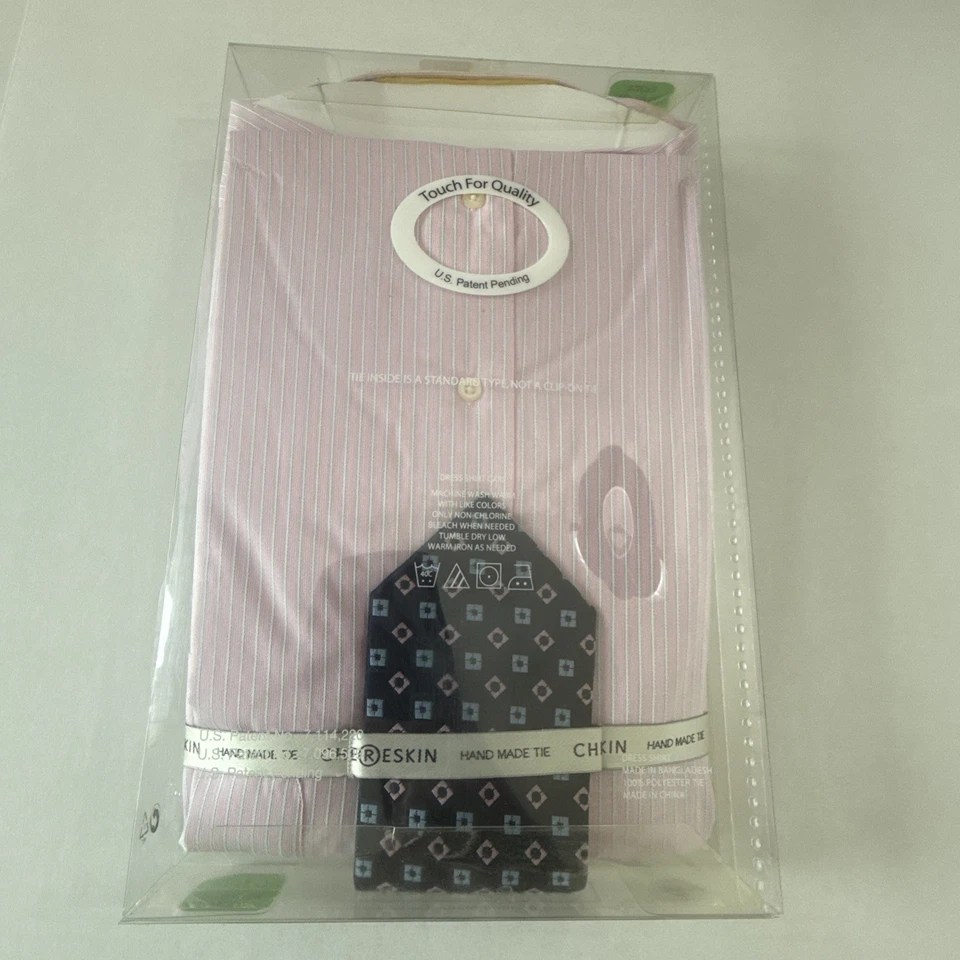 Camisa social listrada rosa/azul Ron Chereskin com gravata manga longa grande 16-16,5 NOVA - Imagem 3 de 4