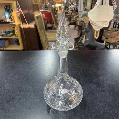 Vintage Blenko #37 Clear Crackle Glass Decanter With Crackle Stopper