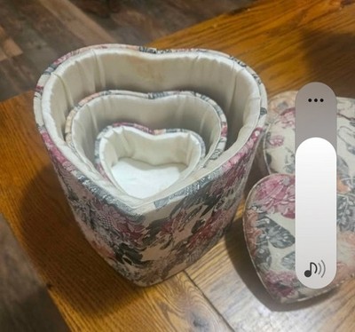 Set of 3 Heart-Shaped Floral Fabric Nesting Decorative Storage Boxes w/ Lids