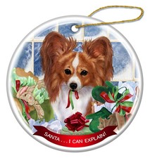 Red and White Papillion Dog Porcelain Ornament Pet Gift 'Santa.. I Can Explain '