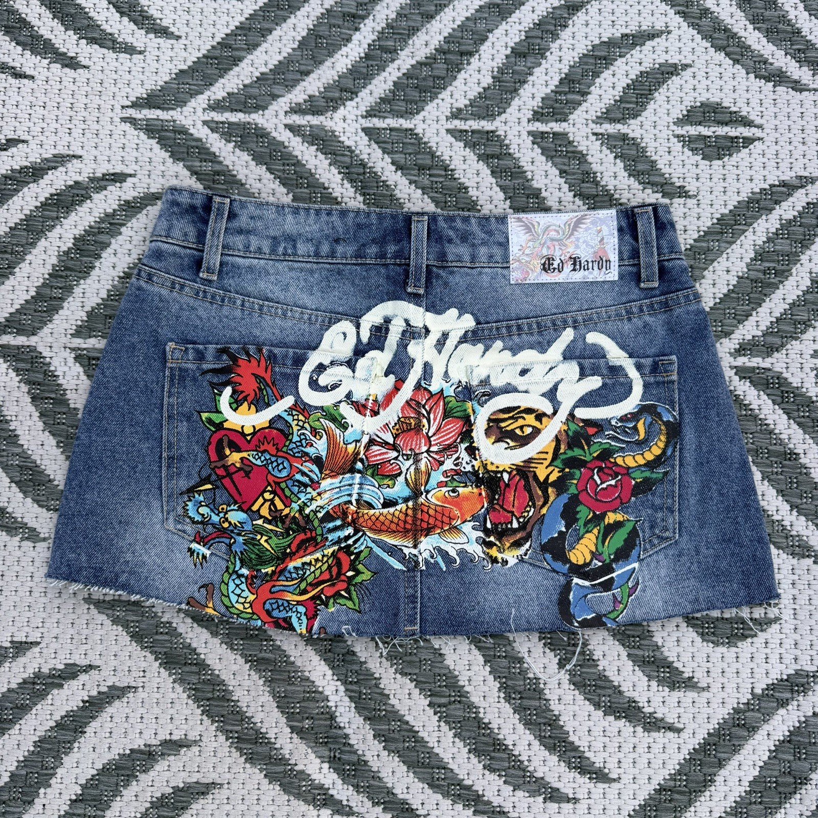 Vintage Ed Hardy Denim Mini Skirt XL Tiger Koi Fish  Tattoo Graphic Y2K