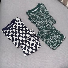 Kids 2 Pack Pajamas Green Dinosaur and Black White Checkered Sleepwear Size 7