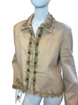 St John Sport Marie Gray Womens Size XL  Fringe Button Trim Zip Front Jacket NWT