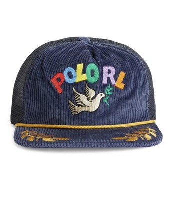 Polo Ralph Lauren Navy Corduroy Peace Love Dove Trucker Hat Leather Strap
